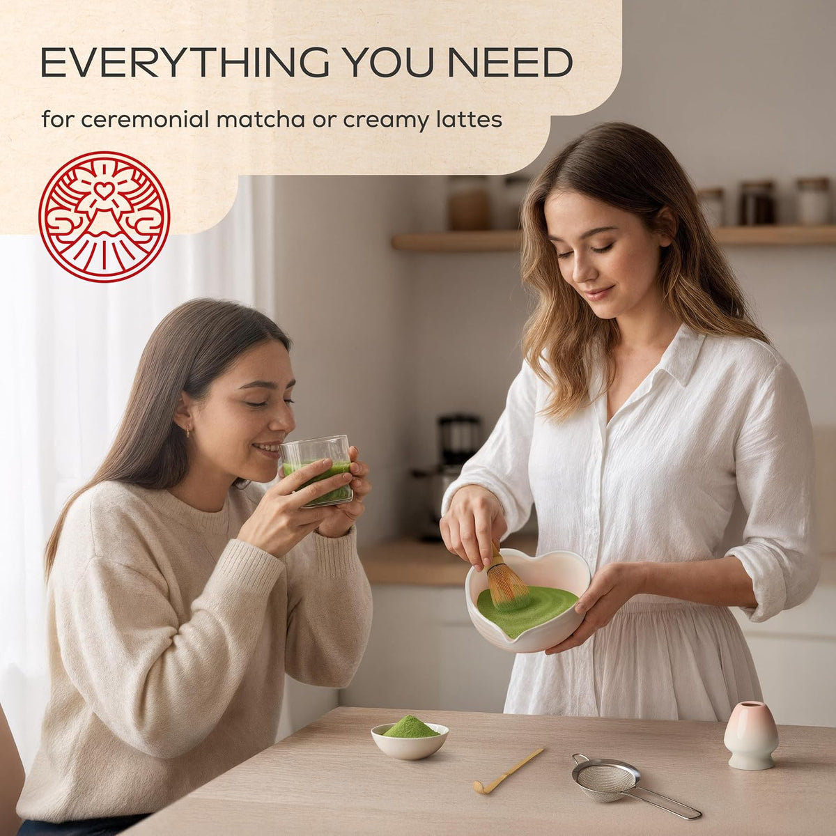 Matcha Whisk Set | Complete Pink Matcha Set w/Heart-Shaped Bowl, Bamboo Whisk, Holder, Stainless Steel Sifter, Bamboo Scoop | Cute Gift Present Macha Kit Handmade Bowl | Macha Powder Tea Kit