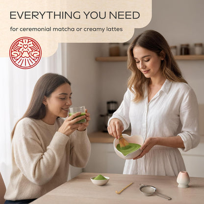 Matcha Whisk Set | Complete Pink Matcha Set w/Heart-Shaped Bowl, Bamboo Whisk, Holder, Stainless Steel Sifter, Bamboo Scoop | Cute Gift Present Macha Kit Handmade Bowl | Macha Powder Tea Kit
