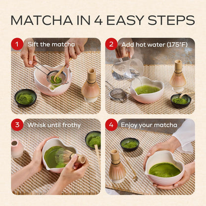 Matcha Whisk Set | Complete Pink Matcha Set w/Heart-Shaped Bowl, Bamboo Whisk, Holder, Stainless Steel Sifter, Bamboo Scoop | Cute Gift Present Macha Kit Handmade Bowl | Macha Powder Tea Kit