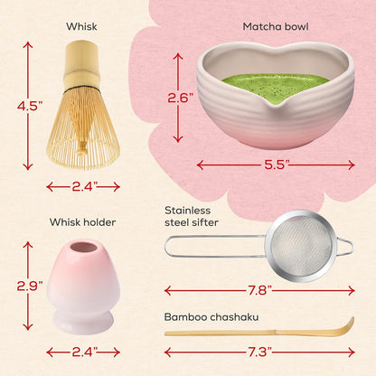 Matcha Whisk Set | Complete Pink Matcha Set w/Heart-Shaped Bowl, Bamboo Whisk, Holder, Stainless Steel Sifter, Bamboo Scoop | Cute Gift Present Macha Kit Handmade Bowl | Macha Powder Tea Kit