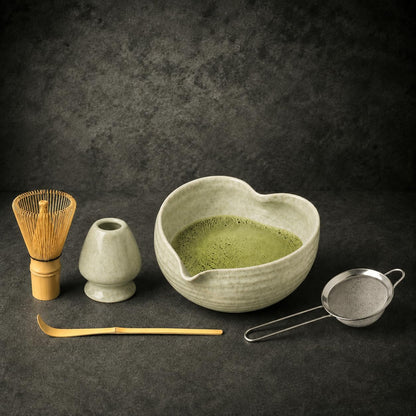 Matcha Whisk Set | Complete Pink Matcha Set w/Heart-Shaped Bowl, Bamboo Whisk, Holder, Stainless Steel Sifter, Bamboo Scoop | Cute Gift Present Macha Kit Handmade Bowl | Macha Powder Tea Kit