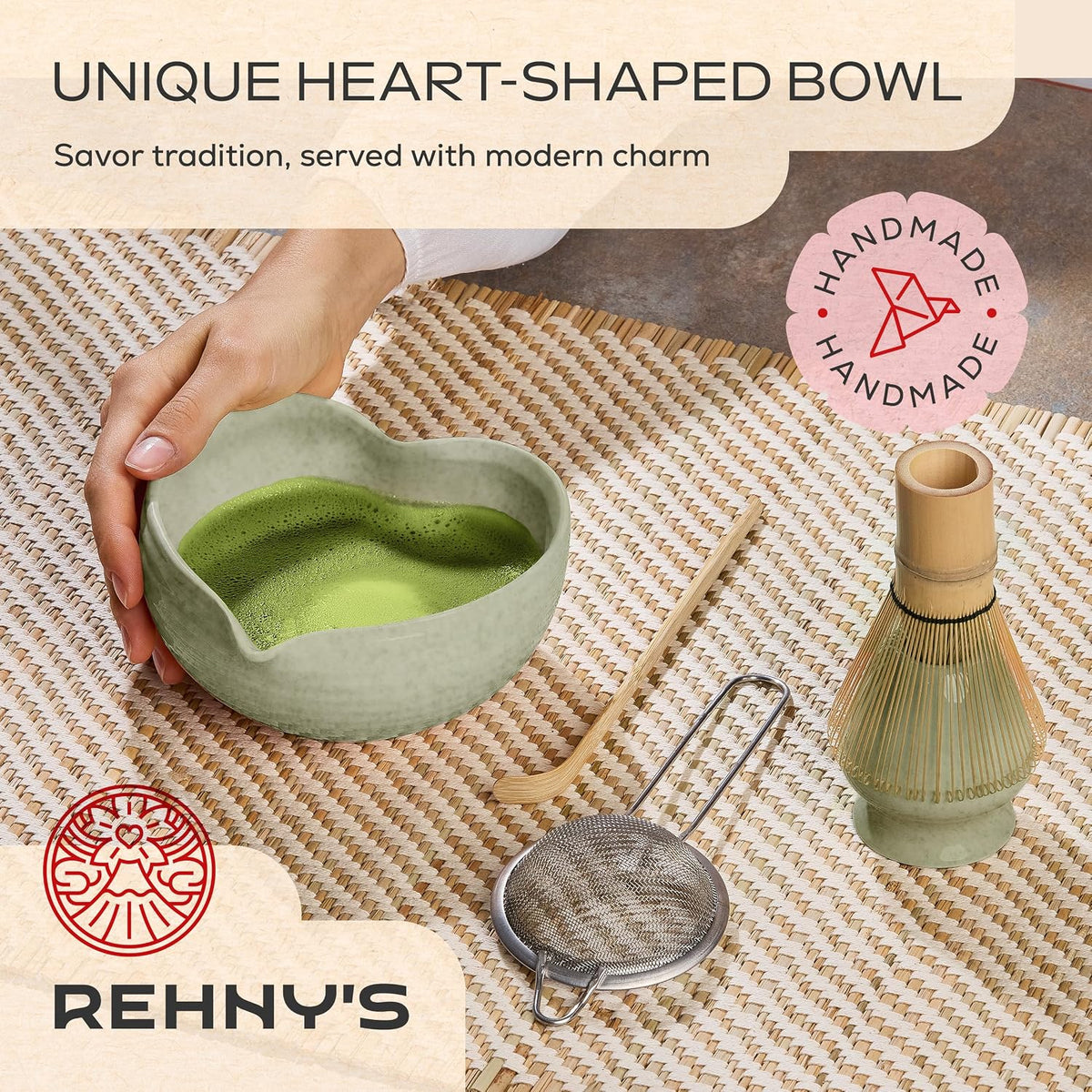 Matcha Whisk Set | Complete Pink Matcha Set w/Heart-Shaped Bowl, Bamboo Whisk, Holder, Stainless Steel Sifter, Bamboo Scoop | Cute Gift Present Macha Kit Handmade Bowl | Macha Powder Tea Kit