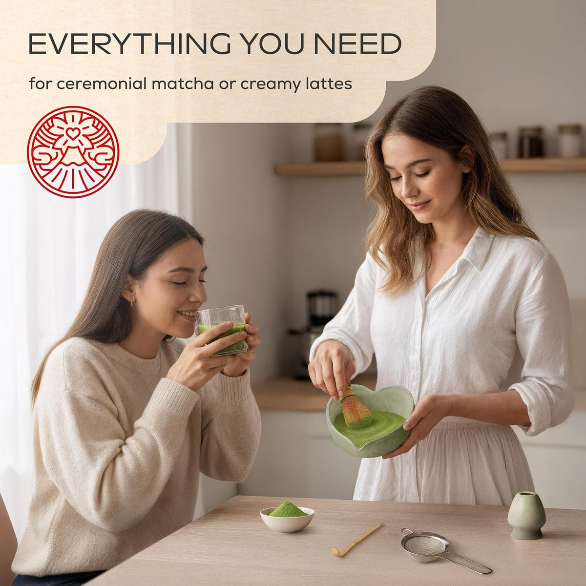 Matcha Whisk Set | Complete Pink Matcha Set w/Heart-Shaped Bowl, Bamboo Whisk, Holder, Stainless Steel Sifter, Bamboo Scoop | Cute Gift Present Macha Kit Handmade Bowl | Macha Powder Tea Kit