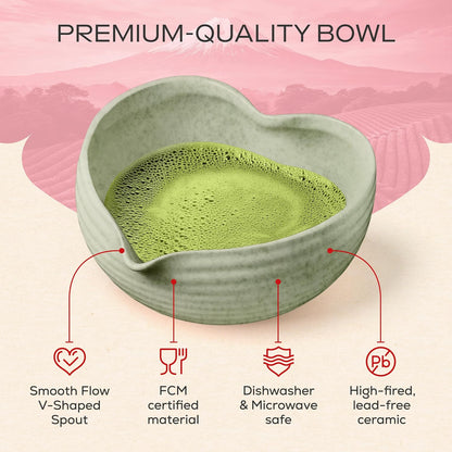 Matcha Whisk Set | Complete Pink Matcha Set w/Heart-Shaped Bowl, Bamboo Whisk, Holder, Stainless Steel Sifter, Bamboo Scoop | Cute Gift Present Macha Kit Handmade Bowl | Macha Powder Tea Kit