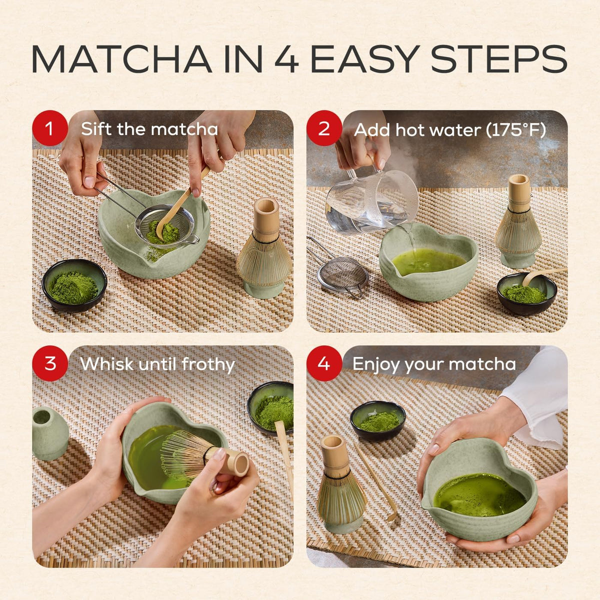 Matcha Whisk Set | Complete Pink Matcha Set w/Heart-Shaped Bowl, Bamboo Whisk, Holder, Stainless Steel Sifter, Bamboo Scoop | Cute Gift Present Macha Kit Handmade Bowl | Macha Powder Tea Kit