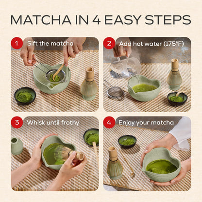 Matcha Whisk Set | Complete Pink Matcha Set w/Heart-Shaped Bowl, Bamboo Whisk, Holder, Stainless Steel Sifter, Bamboo Scoop | Cute Gift Present Macha Kit Handmade Bowl | Macha Powder Tea Kit