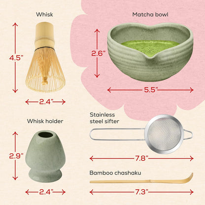 Matcha Whisk Set | Complete Pink Matcha Set w/Heart-Shaped Bowl, Bamboo Whisk, Holder, Stainless Steel Sifter, Bamboo Scoop | Cute Gift Present Macha Kit Handmade Bowl | Macha Powder Tea Kit