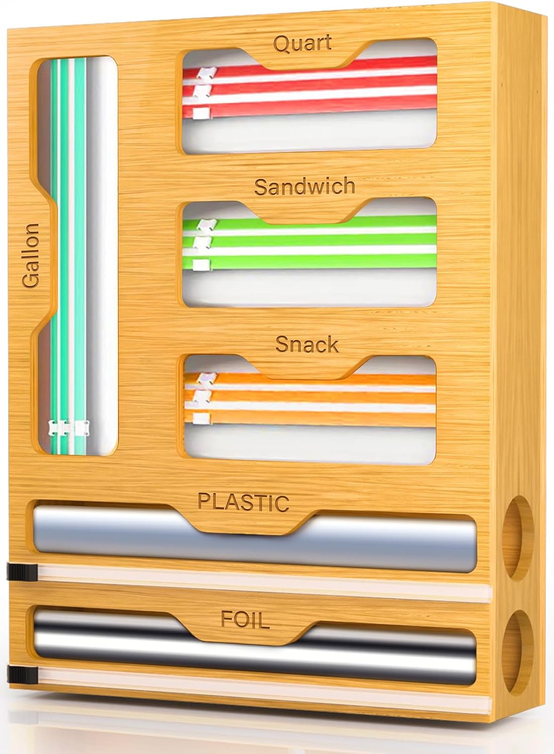 Bag Organizer and Plastic Wrap Dispenser with Cutter, 6 In 1 Bamboo Foil and Plastic Wrap Organizer for Kitchen Drawer, Food Storage Bag Organizer for Gallon,Quart,Sandwich,Snack(Yellow)