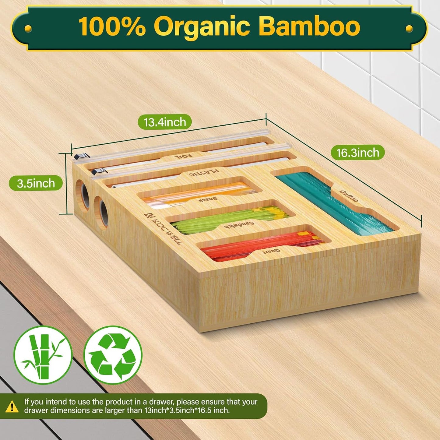 Bag Organizer and Plastic Wrap Dispenser with Cutter, 6 In 1 Bamboo Foil and Plastic Wrap Organizer for Kitchen Drawer, Food Storage Bag Organizer for Gallon,Quart,Sandwich,Snack(Yellow)