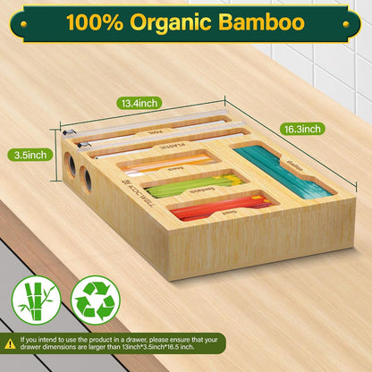 Bag Organizer and Plastic Wrap Dispenser with Cutter, 6 In 1 Bamboo Foil and Plastic Wrap Organizer for Kitchen Drawer, Food Storage Bag Organizer for Gallon,Quart,Sandwich,Snack(Yellow)