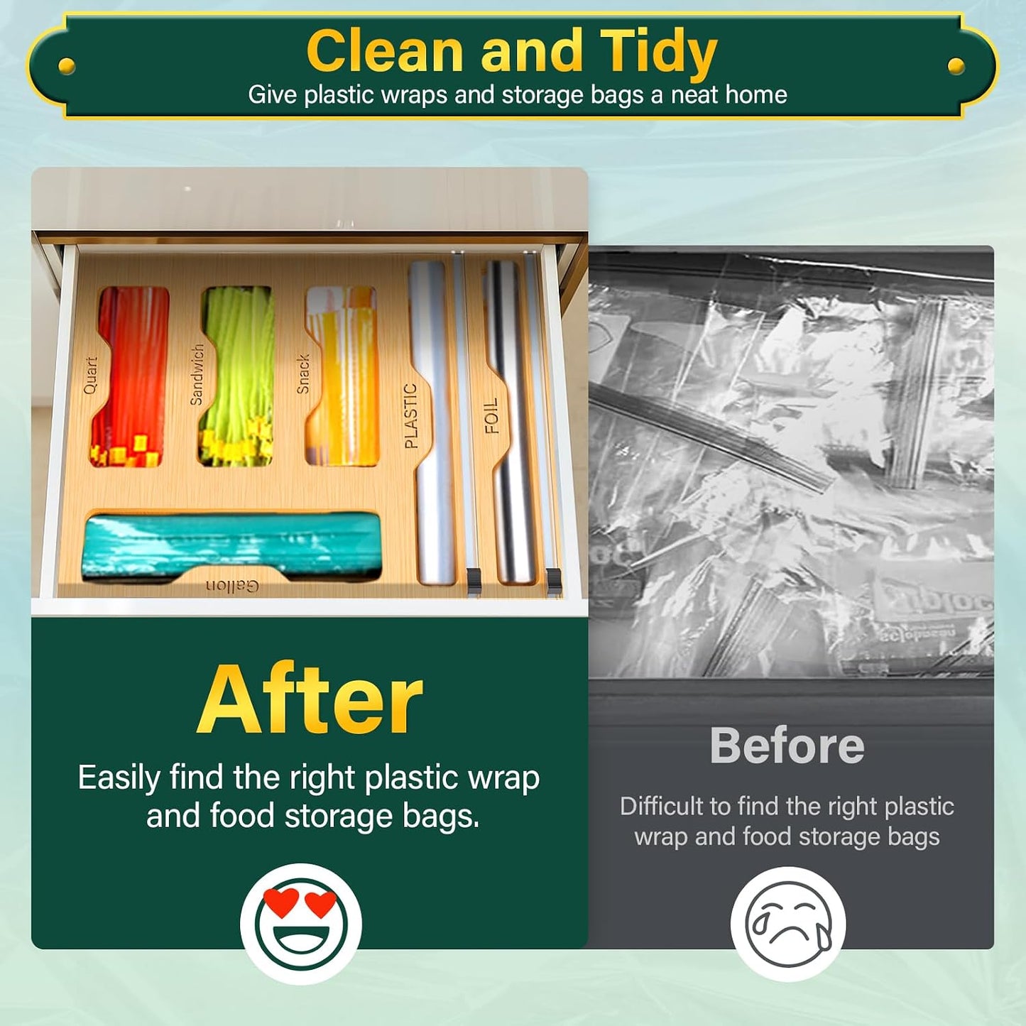 Bag Organizer and Plastic Wrap Dispenser with Cutter, 6 In 1 Bamboo Foil and Plastic Wrap Organizer for Kitchen Drawer, Food Storage Bag Organizer for Gallon,Quart,Sandwich,Snack(Yellow)