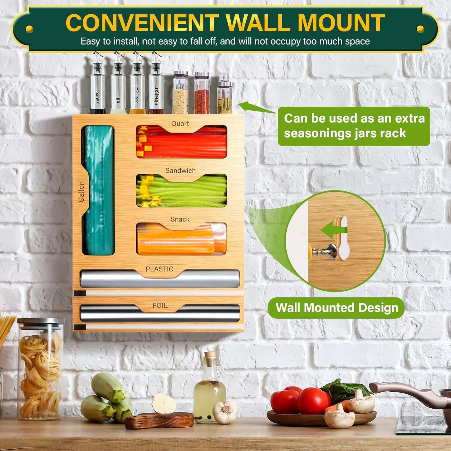 Bag Organizer and Plastic Wrap Dispenser with Cutter, 6 In 1 Bamboo Foil and Plastic Wrap Organizer for Kitchen Drawer, Food Storage Bag Organizer for Gallon,Quart,Sandwich,Snack(Yellow)