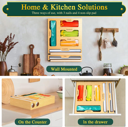 Bag Organizer and Plastic Wrap Dispenser with Cutter, 6 In 1 Bamboo Foil and Plastic Wrap Organizer for Kitchen Drawer, Food Storage Bag Organizer for Gallon,Quart,Sandwich,Snack(Yellow)