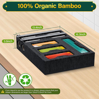Bag Organizer and Plastic Wrap Dispenser with Cutter, 6 In 1 Bamboo Foil and Plastic Wrap Organizer for Kitchen Drawer, Food Storage Bag Organizer for Gallon,Quart,Sandwich,Snack(Yellow)