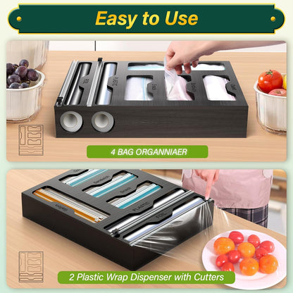 Bag Organizer and Plastic Wrap Dispenser with Cutter, 6 In 1 Bamboo Foil and Plastic Wrap Organizer for Kitchen Drawer, Food Storage Bag Organizer for Gallon,Quart,Sandwich,Snack(Yellow)