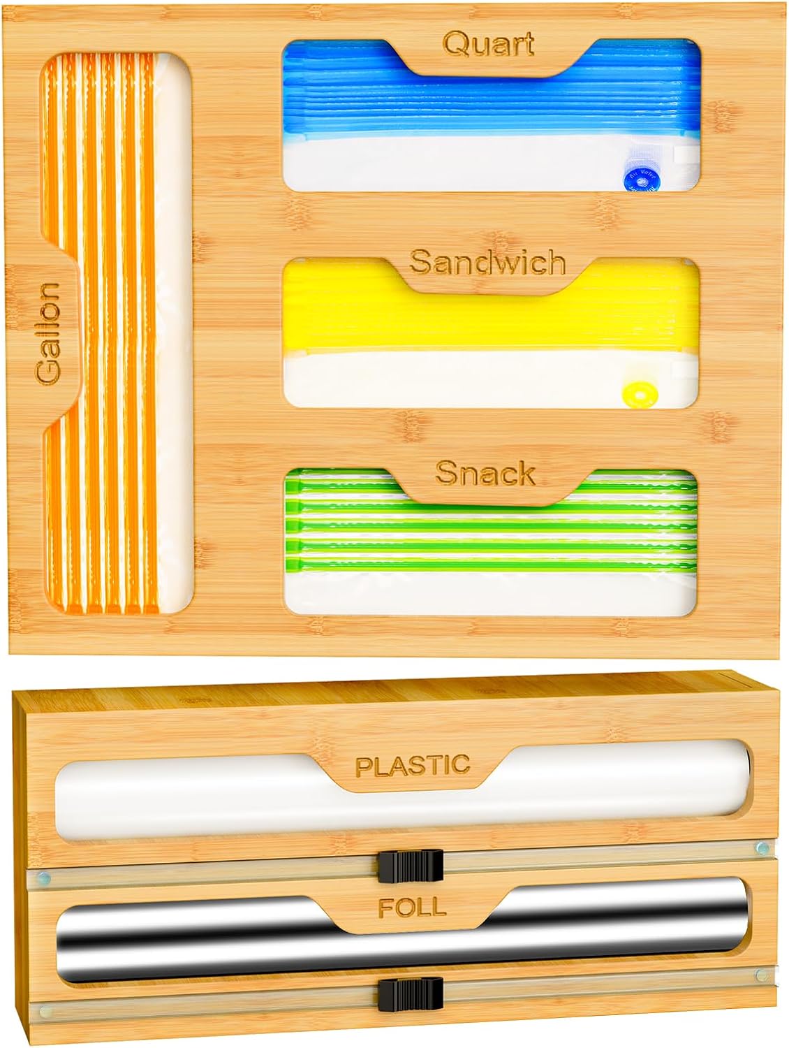Bag Organizer and Plastic Wrap Dispenser with Cutter, 6 In 1 Bamboo Foil and Plastic Wrap Organizer for Kitchen Drawer, Food Storage Bag Organizer for Gallon,Quart,Sandwich,Snack(Yellow)