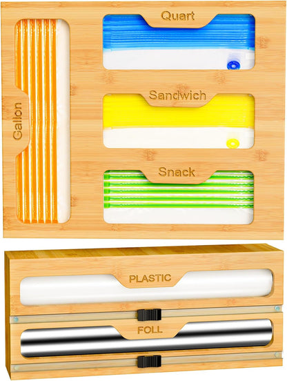 Bag Organizer and Plastic Wrap Dispenser with Cutter, 6 In 1 Bamboo Foil and Plastic Wrap Organizer for Kitchen Drawer, Food Storage Bag Organizer for Gallon,Quart,Sandwich,Snack(Yellow)