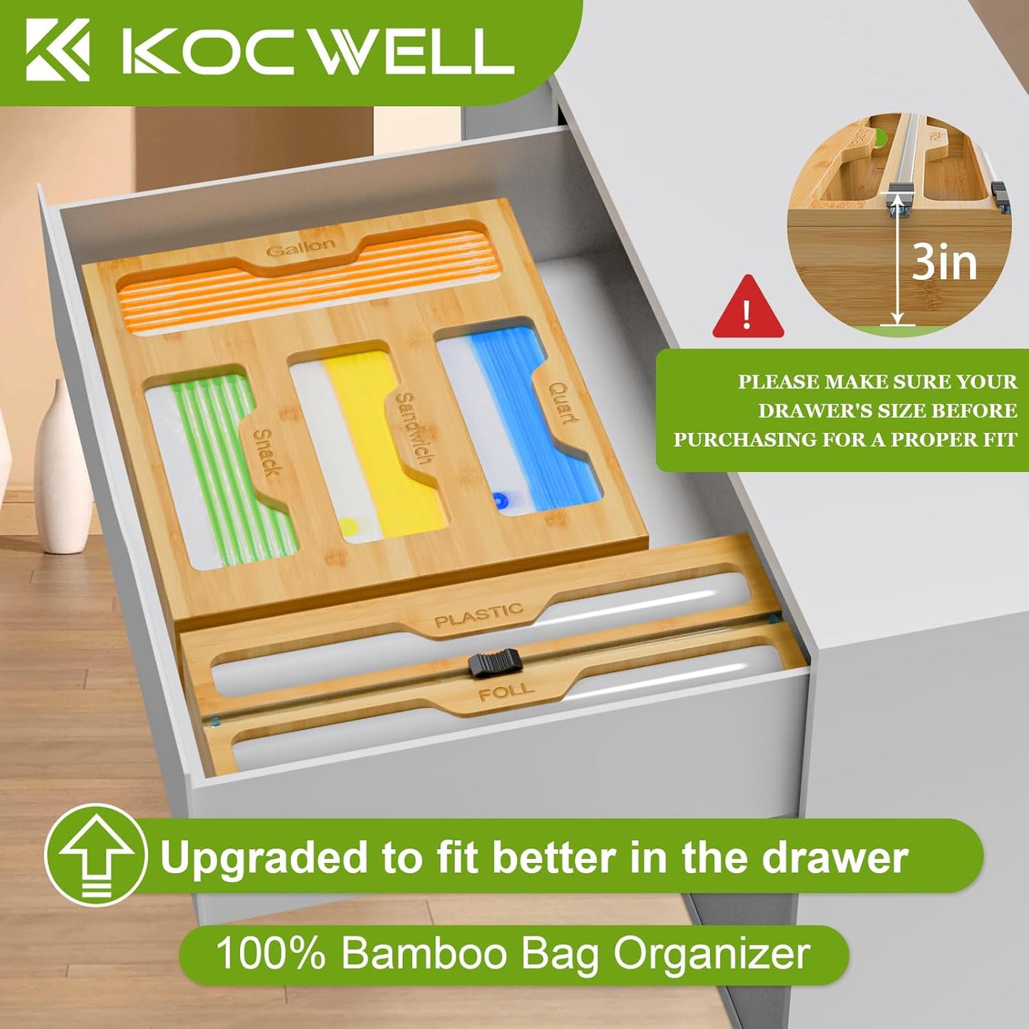 Bag Organizer and Plastic Wrap Dispenser with Cutter, 6 In 1 Bamboo Foil and Plastic Wrap Organizer for Kitchen Drawer, Food Storage Bag Organizer for Gallon,Quart,Sandwich,Snack(Yellow)