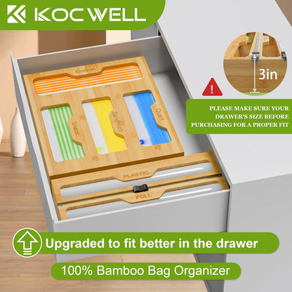 Bag Organizer and Plastic Wrap Dispenser with Cutter, 6 In 1 Bamboo Foil and Plastic Wrap Organizer for Kitchen Drawer, Food Storage Bag Organizer for Gallon,Quart,Sandwich,Snack(Yellow)