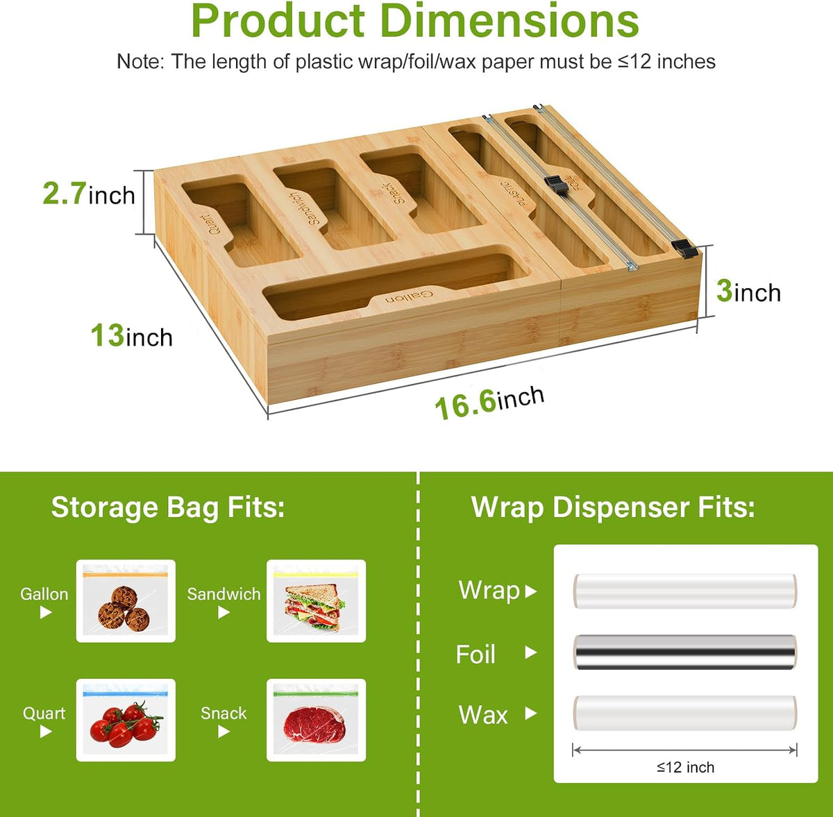 Bag Organizer and Plastic Wrap Dispenser with Cutter, 6 In 1 Bamboo Foil and Plastic Wrap Organizer for Kitchen Drawer, Food Storage Bag Organizer for Gallon,Quart,Sandwich,Snack(Yellow)