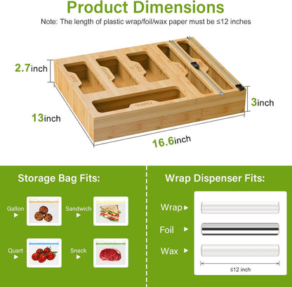 Bag Organizer and Plastic Wrap Dispenser with Cutter, 6 In 1 Bamboo Foil and Plastic Wrap Organizer for Kitchen Drawer, Food Storage Bag Organizer for Gallon,Quart,Sandwich,Snack(Yellow)