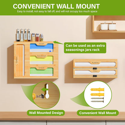 Bag Organizer and Plastic Wrap Dispenser with Cutter, 6 In 1 Bamboo Foil and Plastic Wrap Organizer for Kitchen Drawer, Food Storage Bag Organizer for Gallon,Quart,Sandwich,Snack(Yellow)