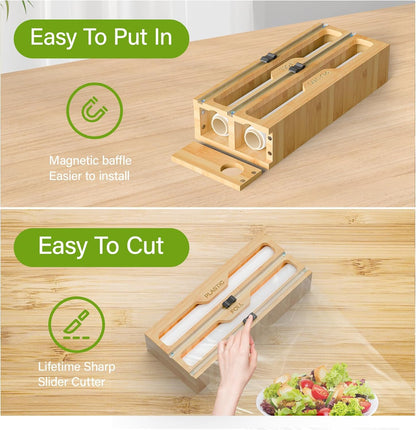 Bag Organizer and Plastic Wrap Dispenser with Cutter, 6 In 1 Bamboo Foil and Plastic Wrap Organizer for Kitchen Drawer, Food Storage Bag Organizer for Gallon,Quart,Sandwich,Snack(Yellow)