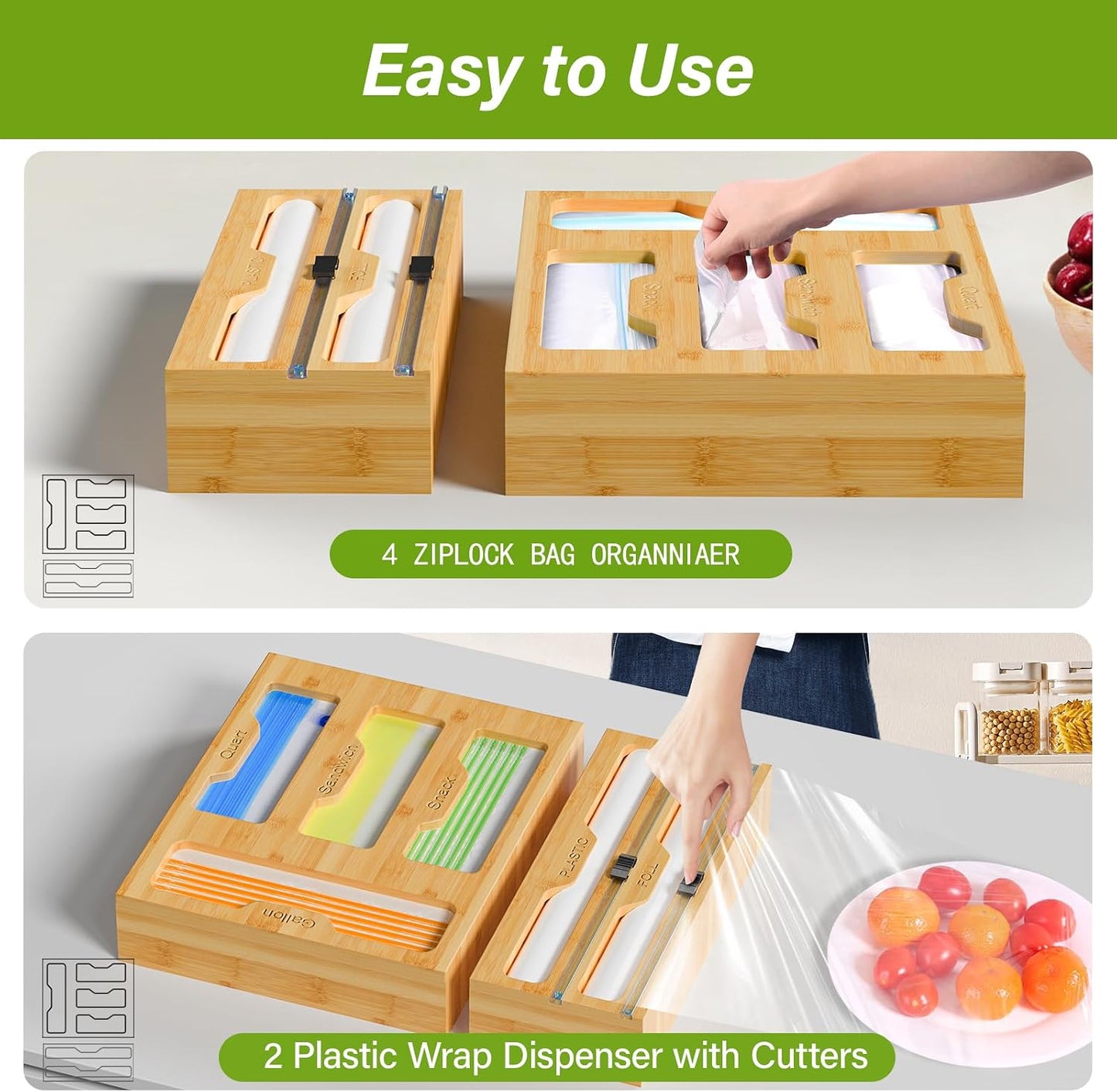 Bag Organizer and Plastic Wrap Dispenser with Cutter, 6 In 1 Bamboo Foil and Plastic Wrap Organizer for Kitchen Drawer, Food Storage Bag Organizer for Gallon,Quart,Sandwich,Snack(Yellow)