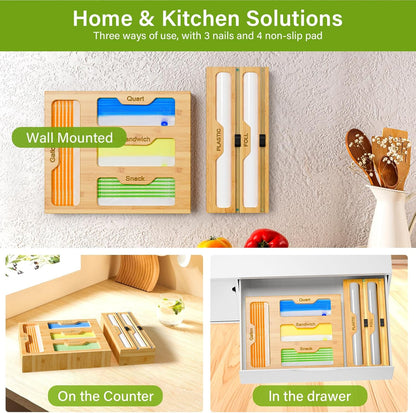 Bag Organizer and Plastic Wrap Dispenser with Cutter, 6 In 1 Bamboo Foil and Plastic Wrap Organizer for Kitchen Drawer, Food Storage Bag Organizer for Gallon,Quart,Sandwich,Snack(Yellow)
