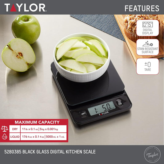 Glass Top Food Scale with Touch Controls, 11 lb Capacity, Sleek Black Design for Precision Food Measurement in Grams and Ounces