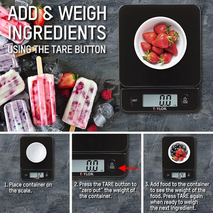 Glass Top Food Scale with Touch Controls, 11 lb Capacity, Sleek Black Design for Precision Food Measurement in Grams and Ounces