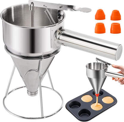 Stainless Steel Pancake Batter Dispenser, 20 Oz Funnel Cake Dispenser Maker with Stand Squeeze Handle, Multi-Caliber Panckae Pourer for Cupcakes, Donut, Waffle or Baked Goods