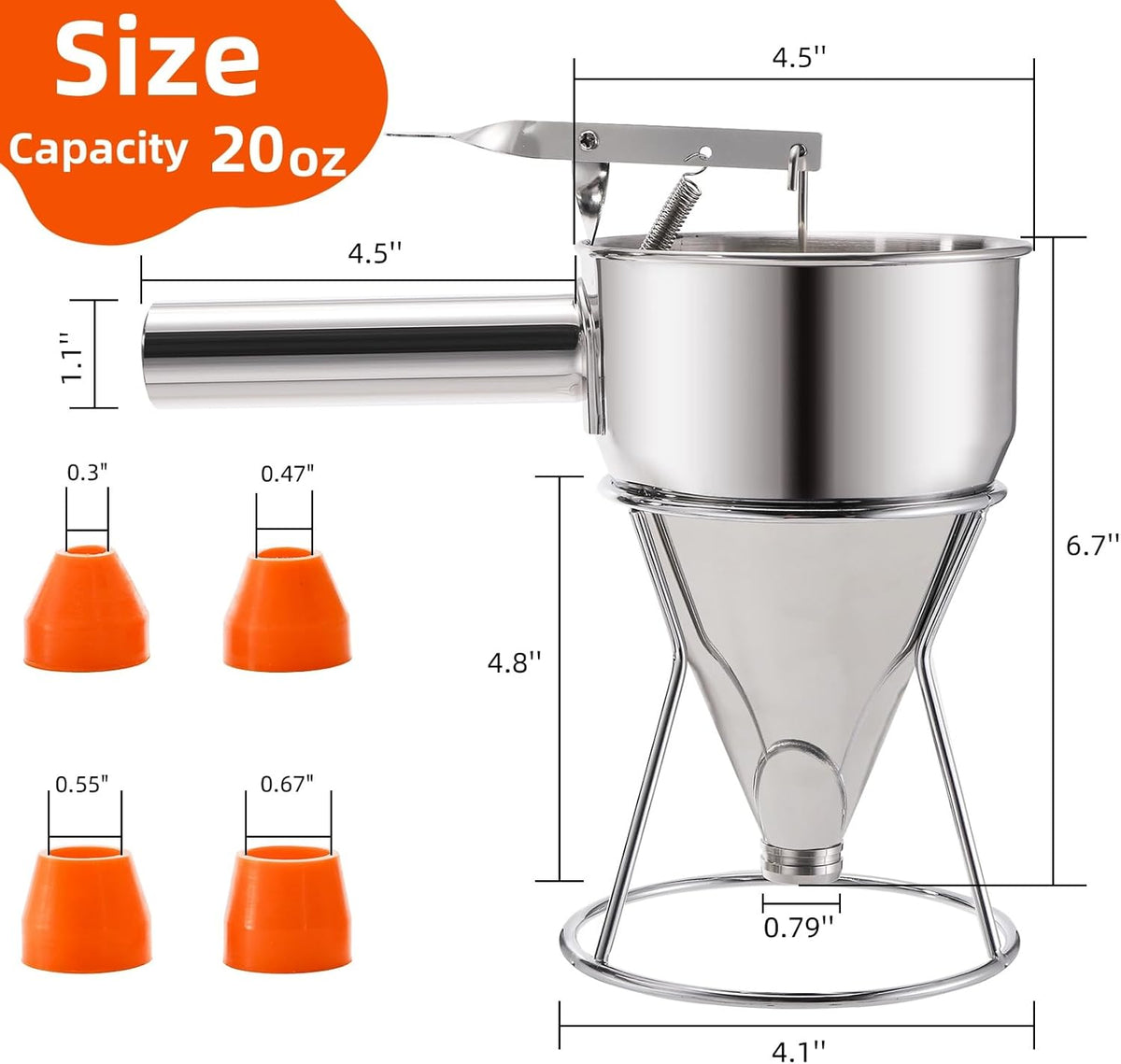 Stainless Steel Pancake Batter Dispenser, 20 Oz Funnel Cake Dispenser Maker with Stand Squeeze Handle, Multi-Caliber Panckae Pourer for Cupcakes, Donut, Waffle or Baked Goods