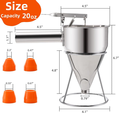 Stainless Steel Pancake Batter Dispenser, 20 Oz Funnel Cake Dispenser Maker with Stand Squeeze Handle, Multi-Caliber Panckae Pourer for Cupcakes, Donut, Waffle or Baked Goods