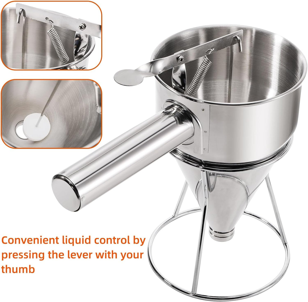 Stainless Steel Pancake Batter Dispenser, 20 Oz Funnel Cake Dispenser Maker with Stand Squeeze Handle, Multi-Caliber Panckae Pourer for Cupcakes, Donut, Waffle or Baked Goods