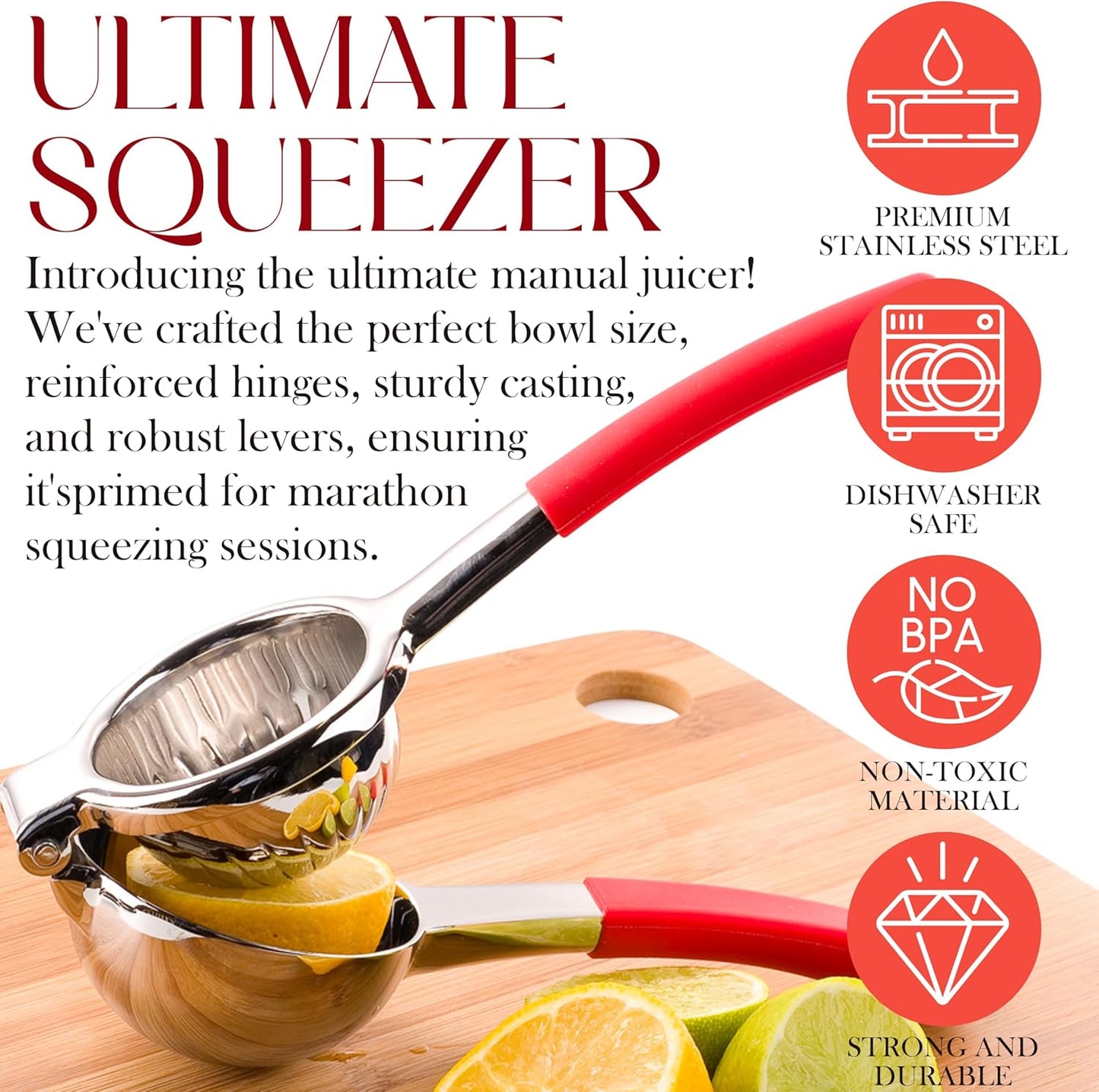 Citrus Juicer | Metal Lemon Squeezer | Lime and Lemon Juicer Stainless Steel with Silicone Handles | Manual Juicer, Citrus Squeezer, Hand Held Juicer | Bar Juicer for Bartender (White)