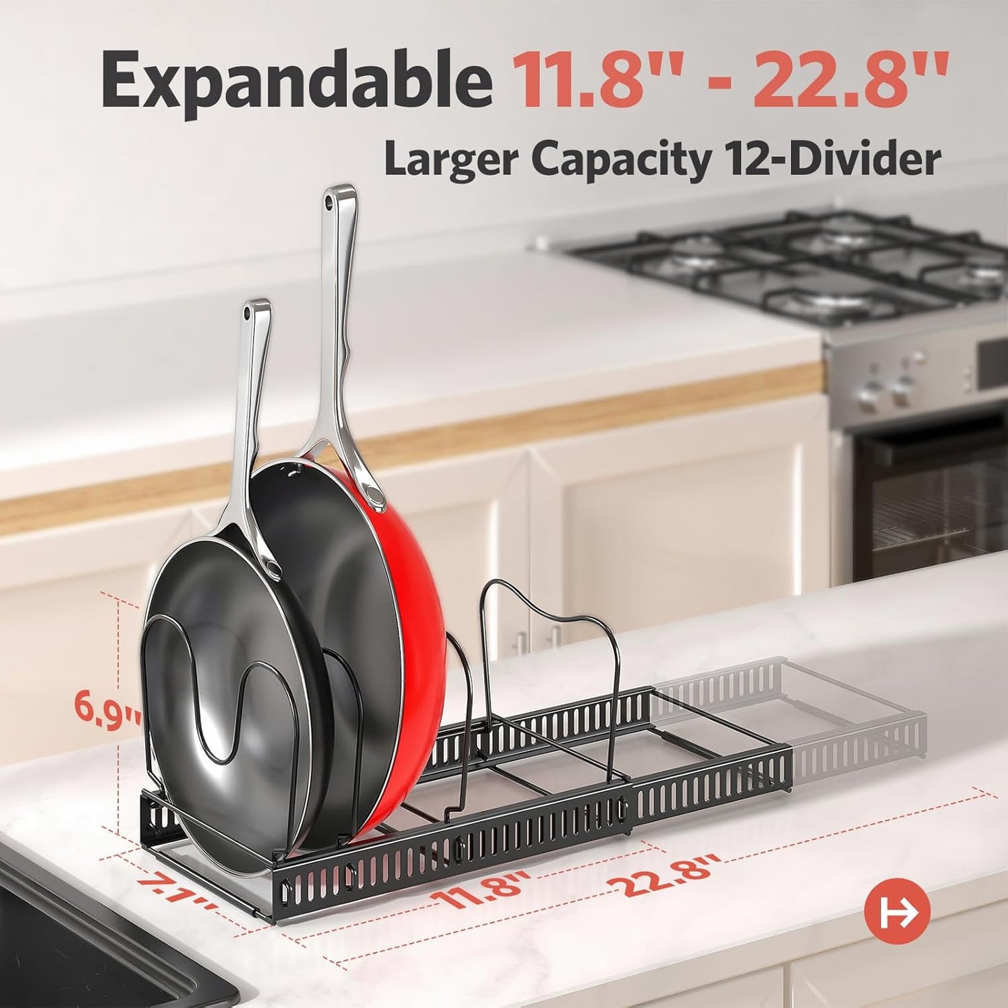 Pots and Pans Organizer under Cabinet, Expandable 11.8"-22.8" Pot Lid Holder with 12 Adjustable Dividers, Pan Organizers inside Cabinet for Kitchen Cookware Bakeware, Black