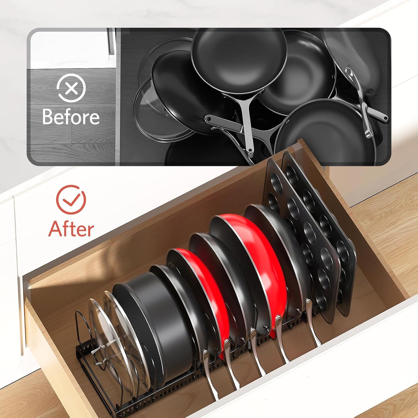Pots and Pans Organizer under Cabinet, Expandable 11.8"-22.8" Pot Lid Holder with 12 Adjustable Dividers, Pan Organizers inside Cabinet for Kitchen Cookware Bakeware, Black