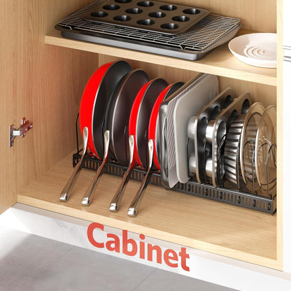 Pots and Pans Organizer under Cabinet, Expandable 11.8"-22.8" Pot Lid Holder with 12 Adjustable Dividers, Pan Organizers inside Cabinet for Kitchen Cookware Bakeware, Black