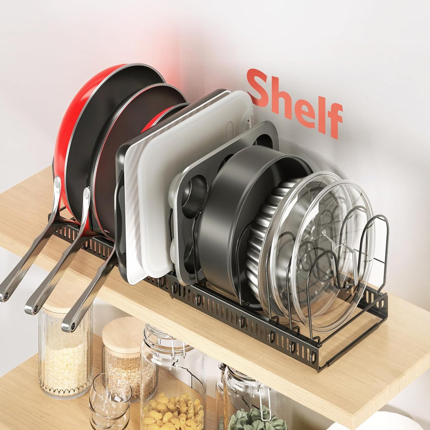Pots and Pans Organizer under Cabinet, Expandable 11.8"-22.8" Pot Lid Holder with 12 Adjustable Dividers, Pan Organizers inside Cabinet for Kitchen Cookware Bakeware, Black