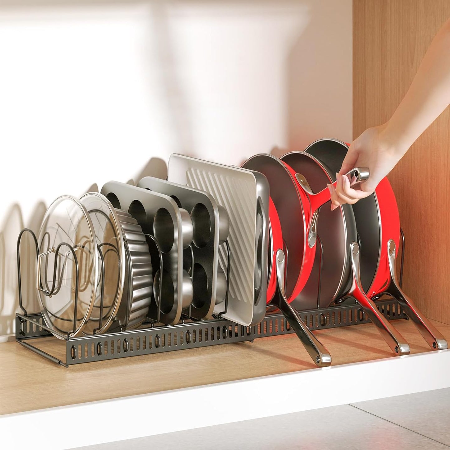 Pots and Pans Organizer under Cabinet, Expandable 11.8"-22.8" Pot Lid Holder with 12 Adjustable Dividers, Pan Organizers inside Cabinet for Kitchen Cookware Bakeware, Black