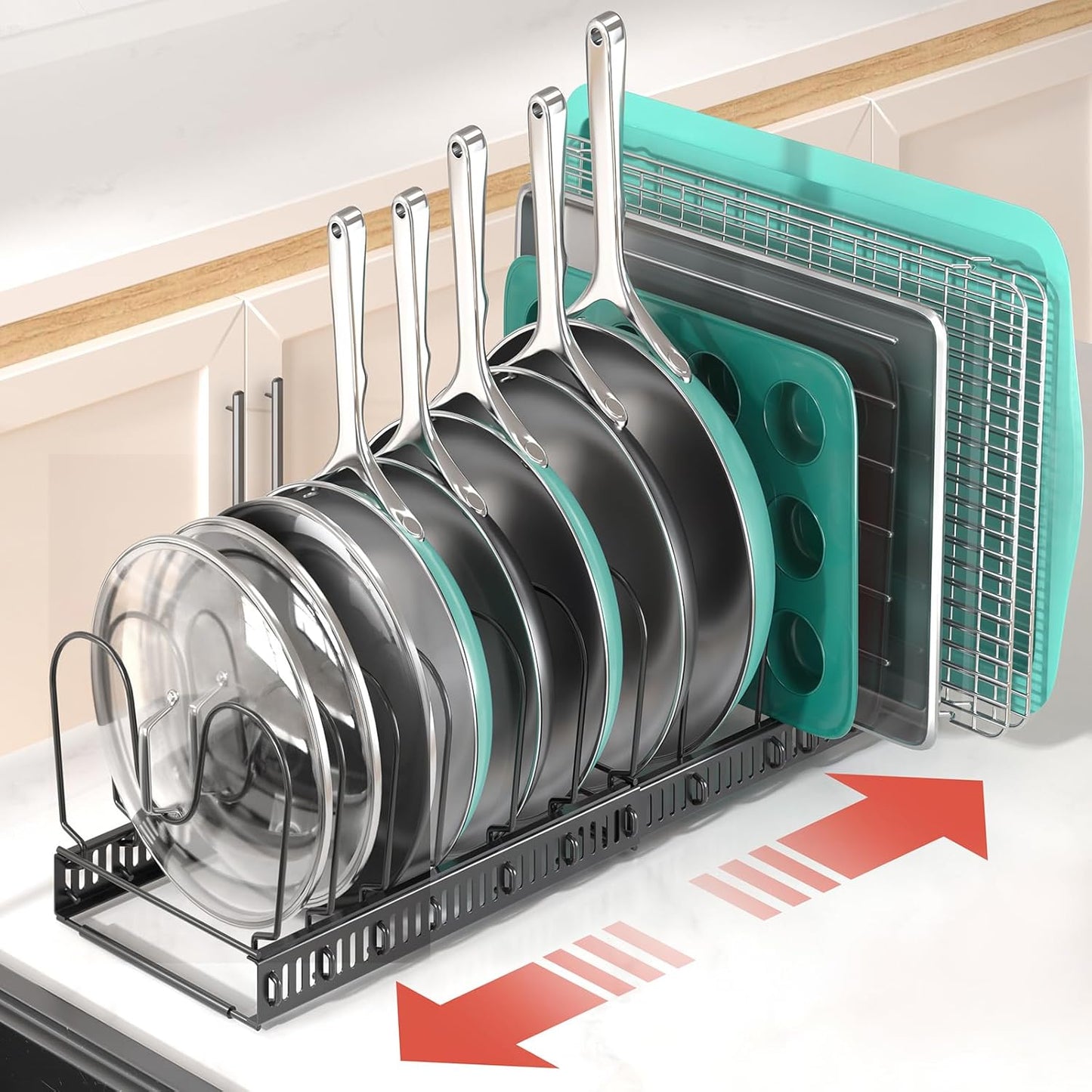 Pots and Pans Organizer under Cabinet, Expandable 11.8"-22.8" Pot Lid Holder with 12 Adjustable Dividers, Pan Organizers inside Cabinet for Kitchen Cookware Bakeware, Black