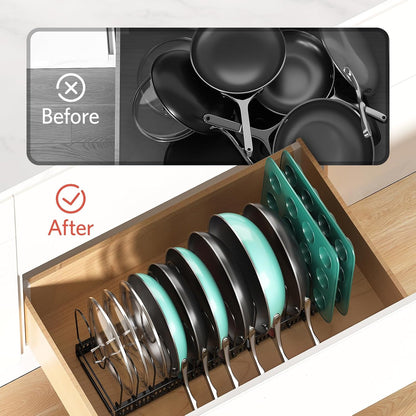 Pots and Pans Organizer under Cabinet, Expandable 11.8"-22.8" Pot Lid Holder with 12 Adjustable Dividers, Pan Organizers inside Cabinet for Kitchen Cookware Bakeware, Black