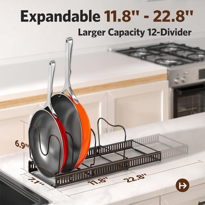 Pots and Pans Organizer under Cabinet, Expandable 11.8"-22.8" Pot Lid Holder with 12 Adjustable Dividers, Pan Organizers inside Cabinet for Kitchen Cookware Bakeware, Black