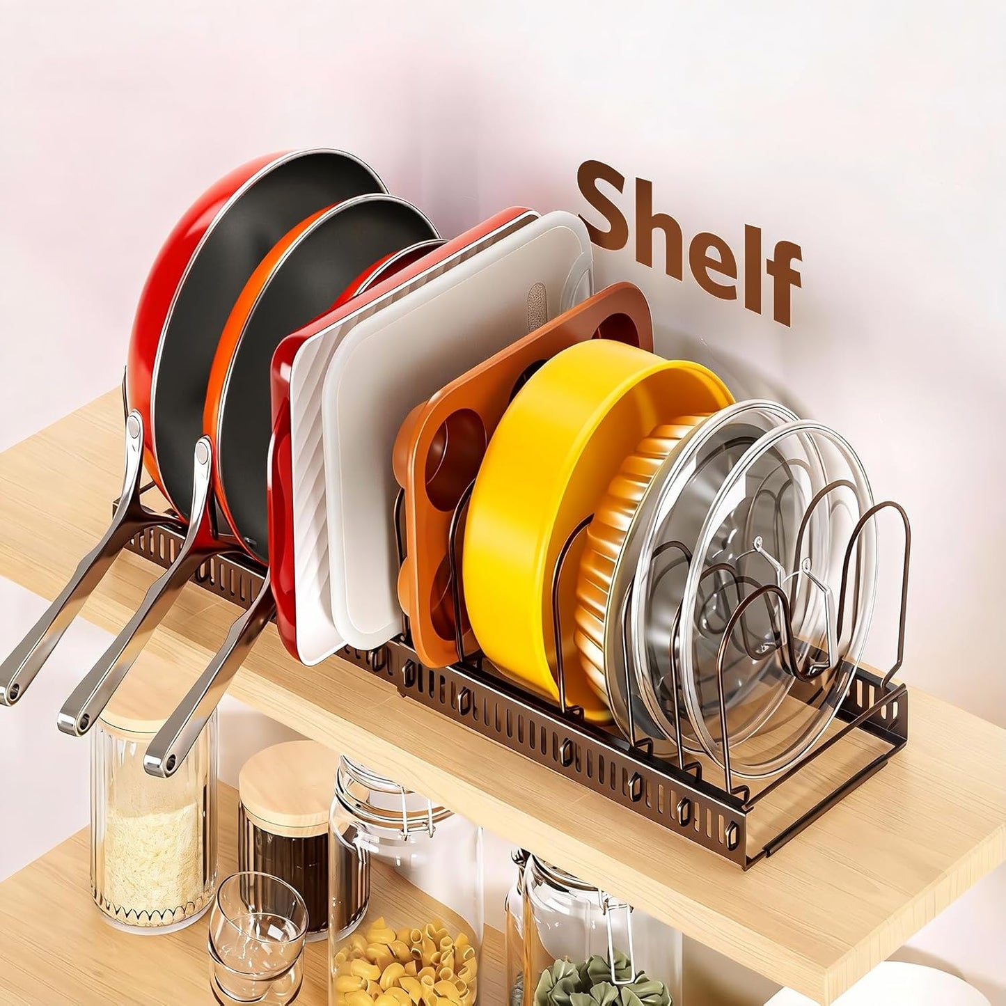 Pots and Pans Organizer under Cabinet, Expandable 11.8"-22.8" Pot Lid Holder with 12 Adjustable Dividers, Pan Organizers inside Cabinet for Kitchen Cookware Bakeware, Black