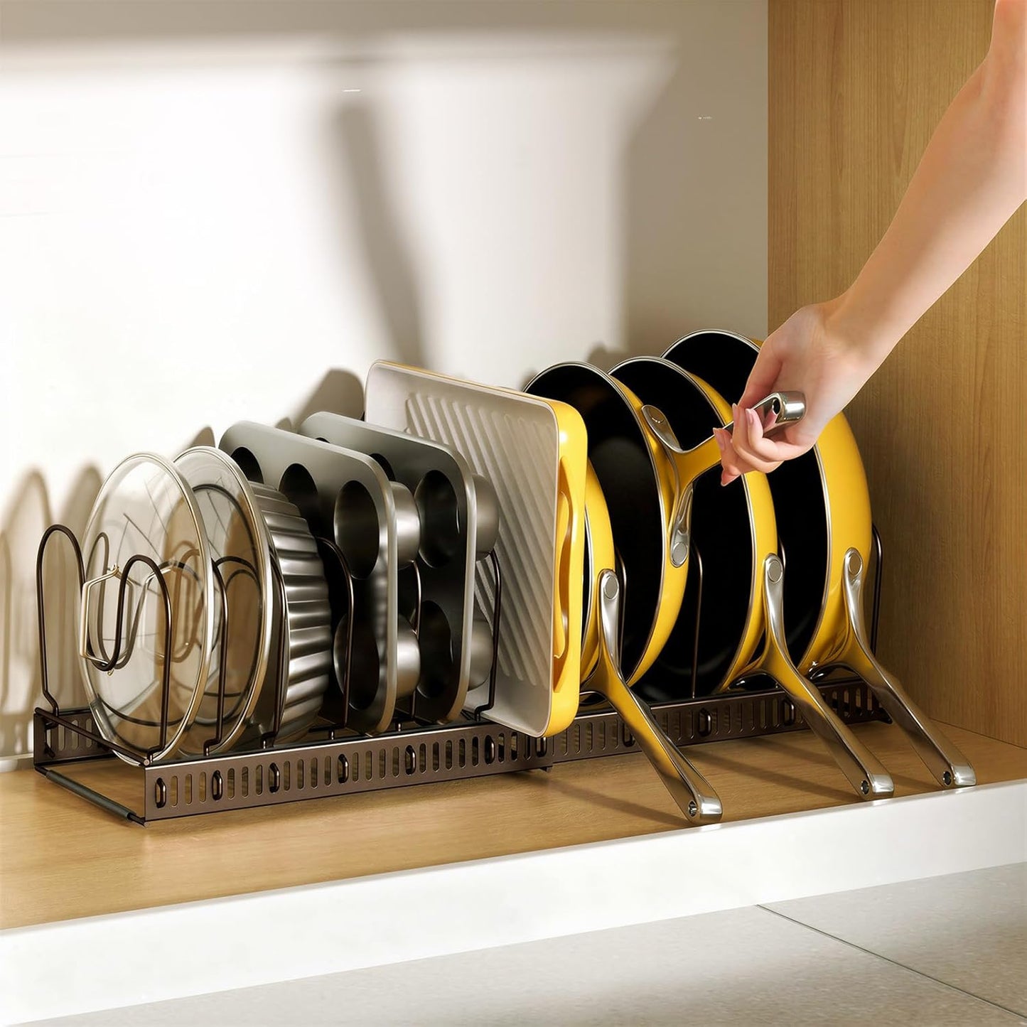 Pots and Pans Organizer under Cabinet, Expandable 11.8"-22.8" Pot Lid Holder with 12 Adjustable Dividers, Pan Organizers inside Cabinet for Kitchen Cookware Bakeware, Black