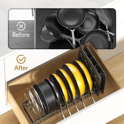 Pots and Pans Organizer under Cabinet, Expandable 11.8"-22.8" Pot Lid Holder with 12 Adjustable Dividers, Pan Organizers inside Cabinet for Kitchen Cookware Bakeware, Black