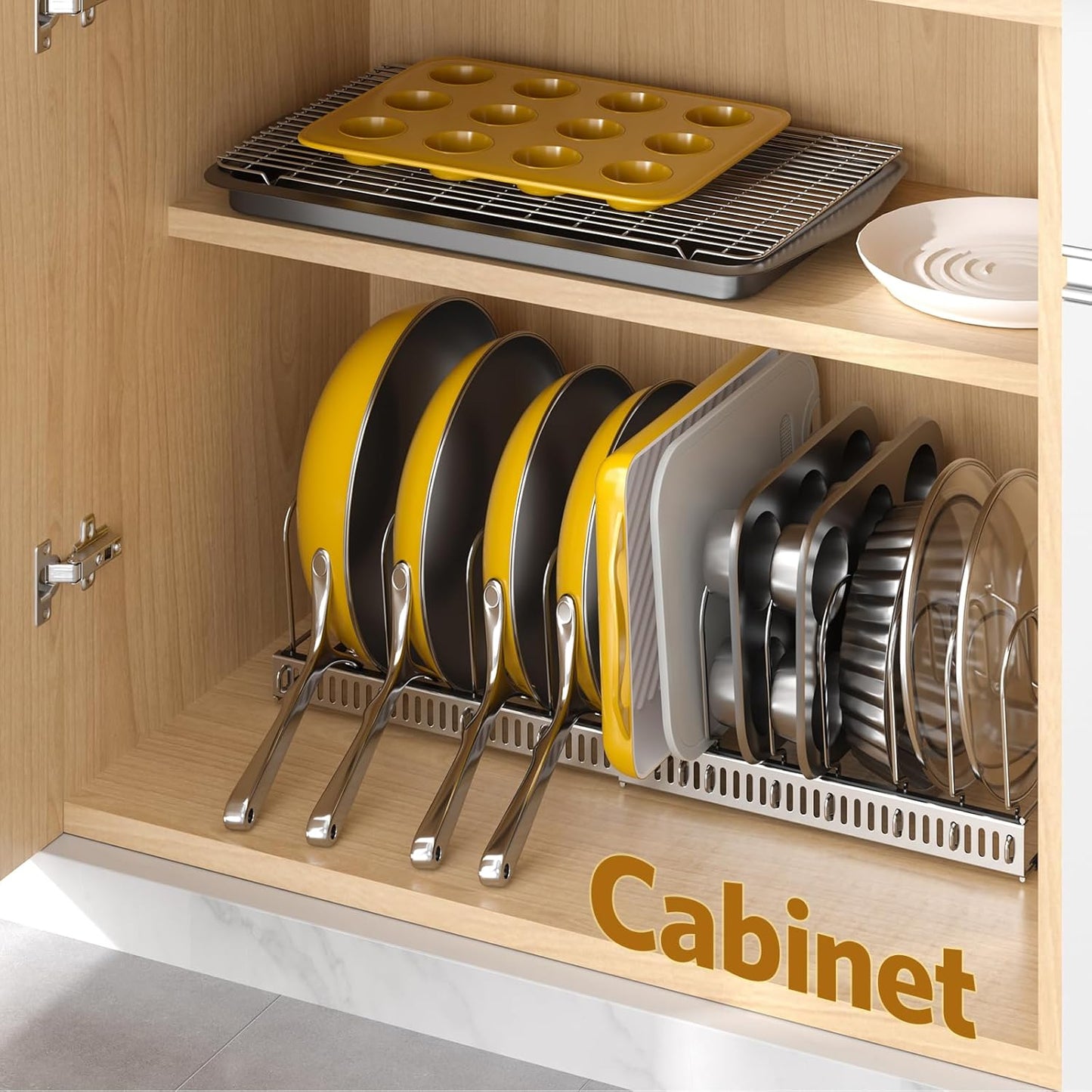 Pots and Pans Organizer under Cabinet, Expandable 11.8"-22.8" Pot Lid Holder with 12 Adjustable Dividers, Pan Organizers inside Cabinet for Kitchen Cookware Bakeware, Black