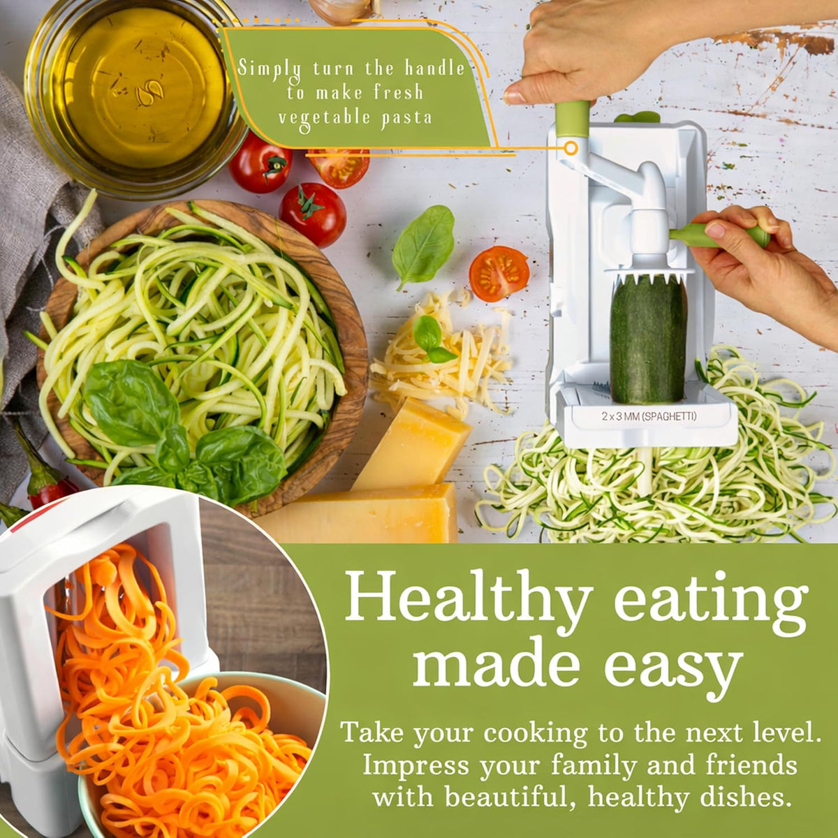 10-Blade Vegetable Spiralizer: Zoodle Maker & Veggie Noodle Maker, Potato String & Curly Fry Cutter, Japanese Steel Blades, Catch Container, Strong Suction Pad, 4 eBooks | Keto, Vegan, Paleo