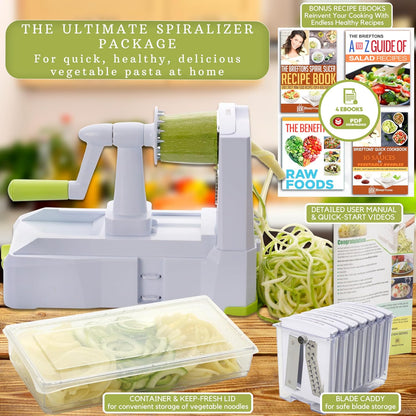 10-Blade Vegetable Spiralizer: Zoodle Maker & Veggie Noodle Maker, Potato String & Curly Fry Cutter, Japanese Steel Blades, Catch Container, Strong Suction Pad, 4 eBooks | Keto, Vegan, Paleo